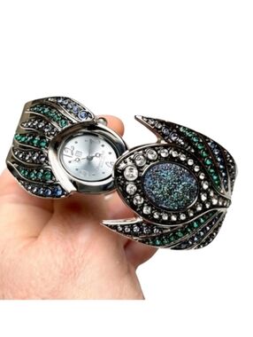 Victoria Wieck Peacock Drusy Crystal Silver Plated Cuff Bracelet Watch